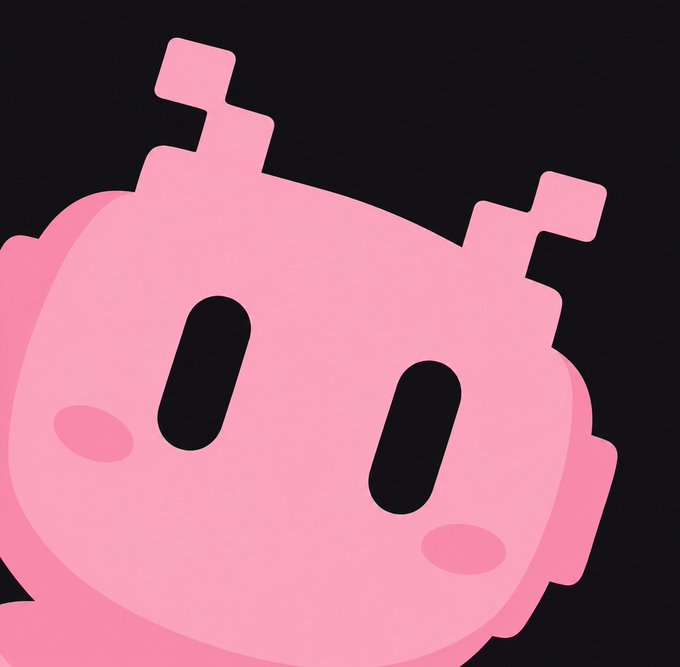 A minimalist pink cartoon character with a rounded body, two antenna-like protrusions on top, black oval eyes, and pink blush marks sits against a black background.