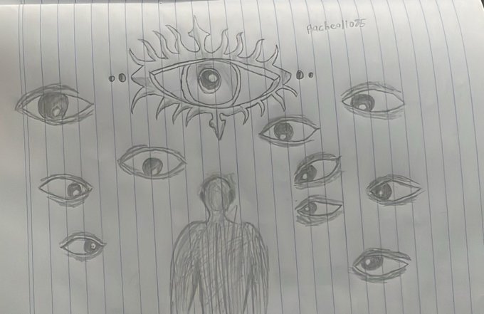 A pencil sketch on lined paper signed 'Jackie | 10/25' depicting a human figure surrounded by multiple eyes with a large flaming eye symbol above.