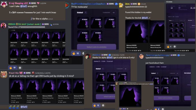 A collage of social media posts and screenshots from platforms like Discord and Twitter shows users discussing the MotoCat (#140285) NFT mint, with messages highlighting click-based claiming, zero gas fees, and the project's value rising to approximately $75. The posts reference usernames like @SafZ, @JustinDee4Kate, and @PixelVio, along with transaction details and "Staked" balances, reflecting the buzz around the MotoCat launch described in the caption.