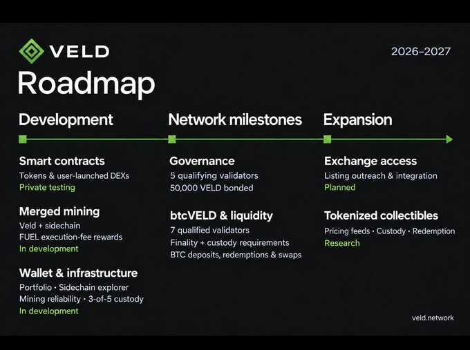 A 'VELD Roadmap' presentation slide for 2026-2027 detailing Development, Network milestones, and Expansion phases, including smart contracts, governance, and exchange access.