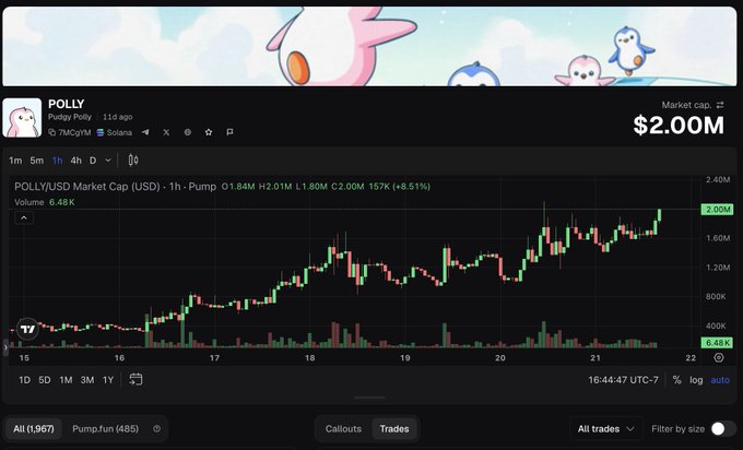 A cryptocurrency price chart from DEX Screener showing the POLLY token (Pudgy Polly) with a market cap of $2.00M, displaying a candlestick chart over a 1-hour timeframe.