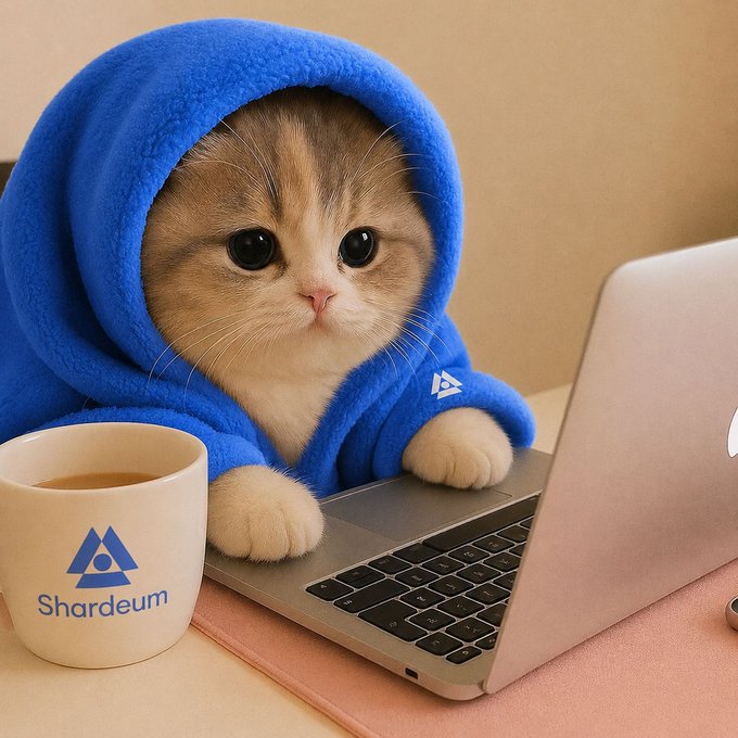 The image features a cute cat wearing a blue hoodie, sitting next to an open laptop computer with its paws resting on the keyboard. A cup of coffee is also present nearby. The photo appears to be related to a social media post or a personal project, as indicated by the caption "GM On Wednesdays we stay onchain".
