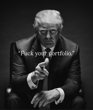 This image features a black and white portrait of Donald Trump with the text "Fuck your portfolio." superimposed, aligning with the post's claims of Trump profiting significantly from his coin while other buyers incurred losses.