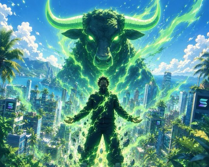Anime-style artwork depicts a figure engulfed in glowing green energy standing before a massive glowing bull-headed entity overlooking a futuristic tropical city.
