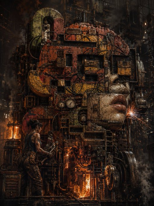 A dark, dystopian digital artwork showing a muscular figure holding a weapon in front of a massive industrial machine that resembles a giant female face constructed from rusty metal parts, gears, and glowing embers.