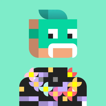 A pixel art illustration of a character with a teal mohawk and beard, wearing a colorful, mosaic-patterned hoodie against a mint green background.
