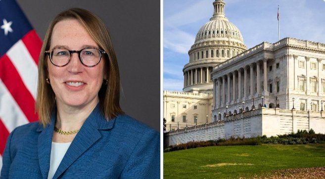 A split image shows a portrait of SEC Commissioner Hester Peirce in a blue blazer beside an American flag on the left, and the U.S. Capitol building on the right, visually tying her regulatory stance to federal legislative authority over crypto policy.