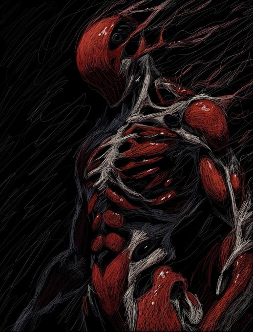 A dark, abstract illustration depicts a red humanoid figure with an exposed muscular and skeletal structure set against a black background, embodying the visceral intensity of the "Freak on a Leash" artwork available as an open edition NFT release on imcollectibles.io.