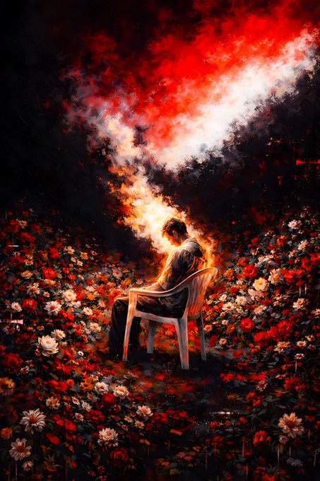 An artistic painting depicting a person sitting in a white chair engulfed in flames, surrounded by a field of red and white flowers under a dramatic dark sky with red clouds.