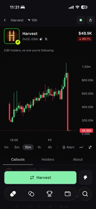 A screenshot of a crypto tracking app showing the "Harvest" token (0x22...03dc) with a price of $48.98K and a -89.7% drop, illustrating the rug pull the post warns followers to avoid by following for future alerts.