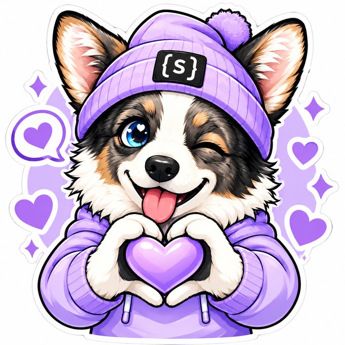 An anime-style illustration of a smiling corgi dog wearing a purple hoodie and beanie with an '{s}' patch, holding a purple heart.