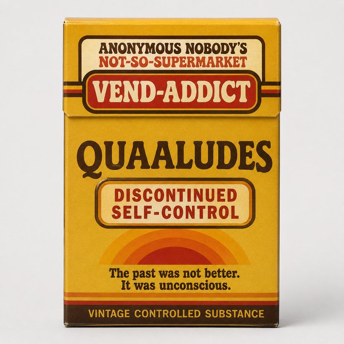 A yellow vintage-style cigarette-style package labeled 'VEND-ADDICT' reading 'Quaaludes Discontinued Self-Control' with the slogan 'The past was not better. It was unconscious. Vintage Controlled Substance'.