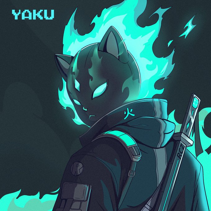 Digital art illustration of a character wearing a black cat-eared mask with glowing eyes, surrounded by cyan flames, with 'YAKU' text in the upper left corner.