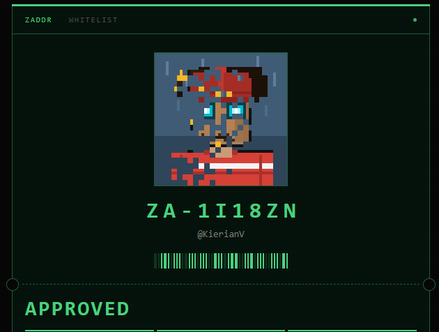 A pixel-art avatar of a character in a red outfit with the ID 'ZA-1I18ZN' and username '@KieranV', marked as 'APPROVED' on a 'ZADDR WHITELIST'.