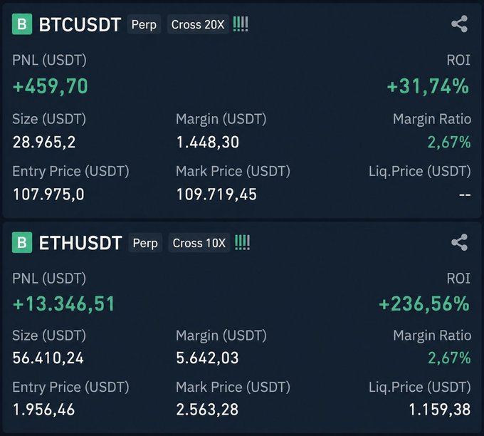 A cryptocurrency trading dashboard showing profitable BTCUSDT (+31.74% ROI) and ETHUSDT (+236.56% ROI) perpetual positions with entry prices of 107,975.0 and 1,956.46 respectively.