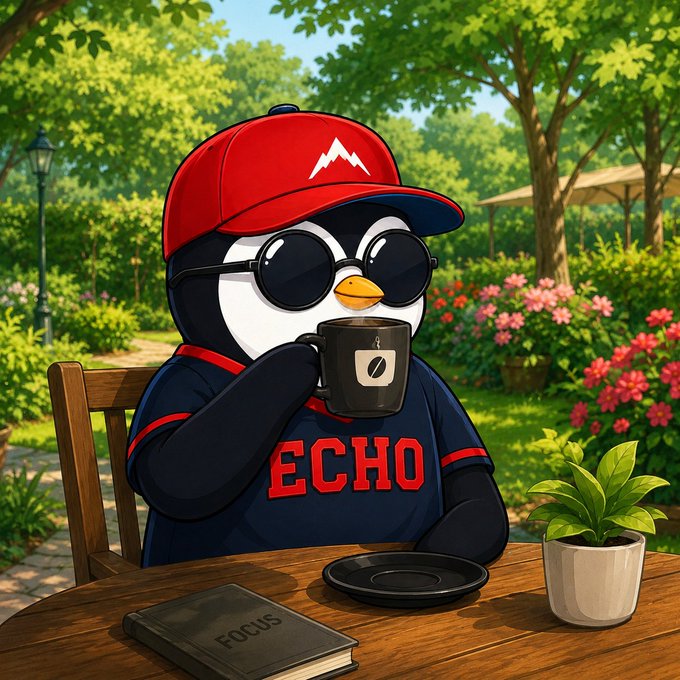 The image features a cartoon penguin sitting at an outdoor table with a book open in front of him. He's holding a cup of coffee while wearing sunglasses and a hat. The background includes trees, flowers, and a bench, creating a pleasant atmosphere for the scene. The text "Good morning New day, Amazing weather, @base is coming guys..." suggests that it might be a sunny day or an early morning in a park setting where people are enjoying outdoor activities like reading and sipping coffee.