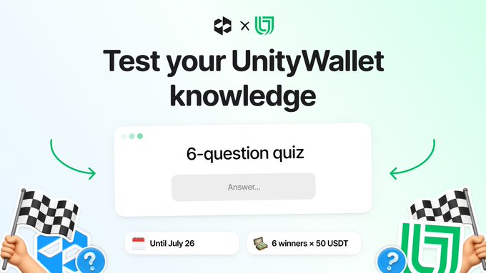 Promotional graphic featuring "Test your UnityWallet knowledge" as the headline, showcasing a 6-question quiz with checkered flags, a deadline of "Until July 26," and a prize pool of "6 winners × 50 USDT."