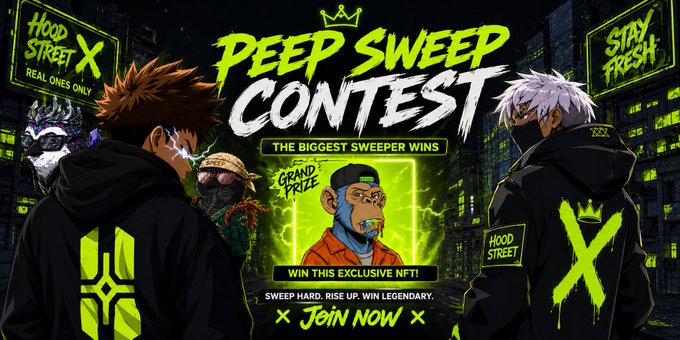 A promotional graphic for the 'PEEP SWEEP CONTEST' features hooded characters and central masked figures under a crown logo, advertising 'THE BIGGEST SWEEPER WINS' an exclusive NFT with 'GRAND PRIZE'.