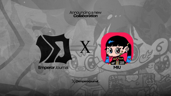 The image is a collaboration announcement between Emperor Journal and MIU, featuring the Emperor Journal logo on the left and a colorful kawaii-style character with big eyes and black hair on the right, separated by an "X" symbol. The post announces MIU, a collection of 4,000 free-mint kawaii NFTs launching on Robinhood Chain.