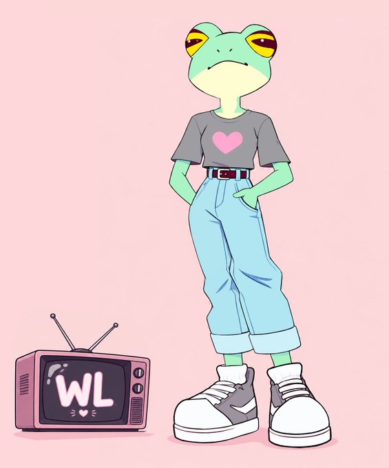 A cartoon illustration of a frog character wearing a gray shirt with a pink heart, light blue jeans, and sneakers, standing next to a retro TV displaying 'WL'.