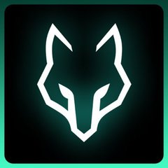 A minimalist digital icon featuring a white geometric animal head design centered on a dark gradient background with a bright cyan border.