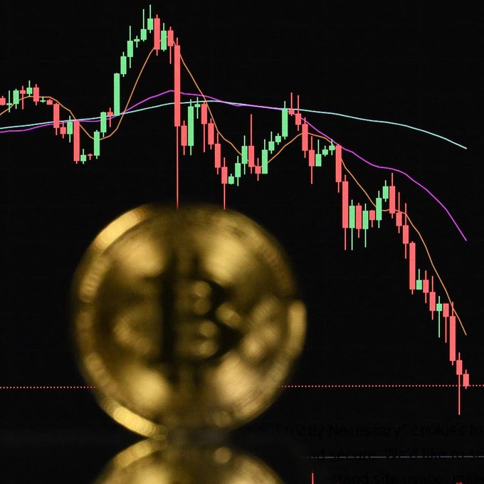 This image shows a Bitcoin coin in front of a downward trending cryptocurrency chart, illustrating the claim that Bitcoin has never broken a specific line in 15 years, and is currently on it.