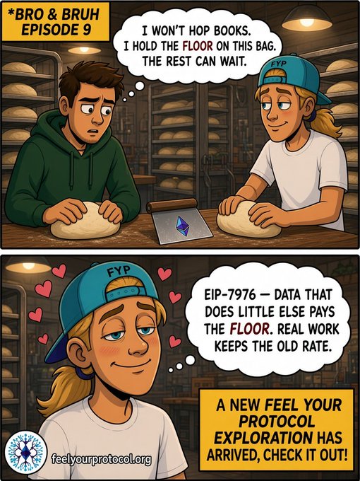 A comic strip titled "BRO & BRUH EPISODE 9" where a character in a bakery defends the floor price of Ethereum (EIP-7976) and promotes feelyourprotocol.org.