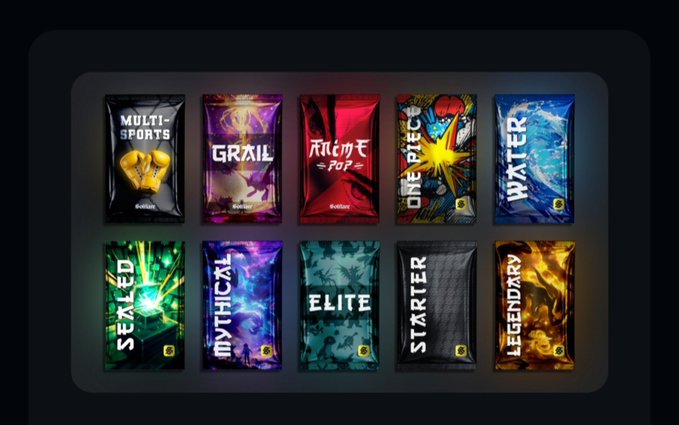 A collection of ten colorful digital card packs labeled MULTI-SPORTS, GRAIL, ONE PIECE, WATER, SEALED, MYTHICAL, ELITE, STARTER, and LEGENDARY.