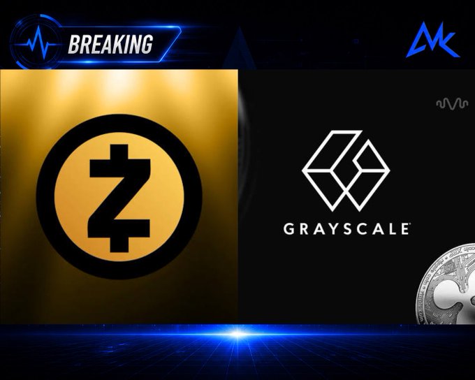 A news-style graphic displays the Zcash 'Z' logo in gold alongside the 'GRAYSCALE' company logo on a black background, with a 'BREAKING' banner at the top left and an 'MK' watermark.