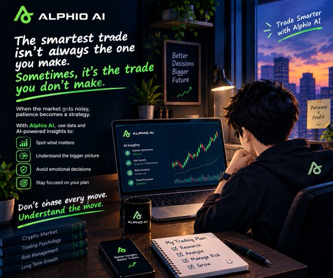 An advertisement for 'Alphio AI' trading platform showing a young man analyzing charts on a laptop, with text emphasizing 'The smartest trade isn't always the one you make.' and 'Trade Smarter with Alphio AI'.
