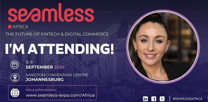 A promotional banner for 'Seamless Africa' fintech and digital commerce event on 8-9 September 2026 at Sandton Convention Centre Johannesburg, featuring a photo of a smiling woman with dark hair.