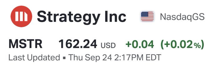 A financial data card showing Strategy Inc (MSTR) trading at $162.24 USD on NasdaqGS, up +0.04 (+0.02%) as of Thu Sep 24 2:17PM EDT. The image contrasts the modest current price with the poster's bullish prediction of MSTR reaching $950, a nearly 6x increase from the displayed price, celebrating a claimed 70% gain over two months.