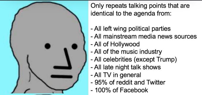 A simple cartoon-style gray face is shown alongside text claiming that someone "Only repeats talking points that are identical to the agenda from: All left wing political parties, All mainstream media news sources, All of Hollywood, All of the music industry, All celebrities (except Trump), All late night talk shows, All TV in general, 95% of reddit and Twitter, 100% of Facebook," reinforcing the post's "So true king" sentiment with a meme framing the claim as fact.