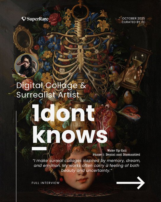 A promotional feature by SuperRare from October 2025, curated by TC, showcasing digital collage and surrealist artist '1dontknows' with the quote 'I make surreal collages inspired by memory, dream, and emotion.'