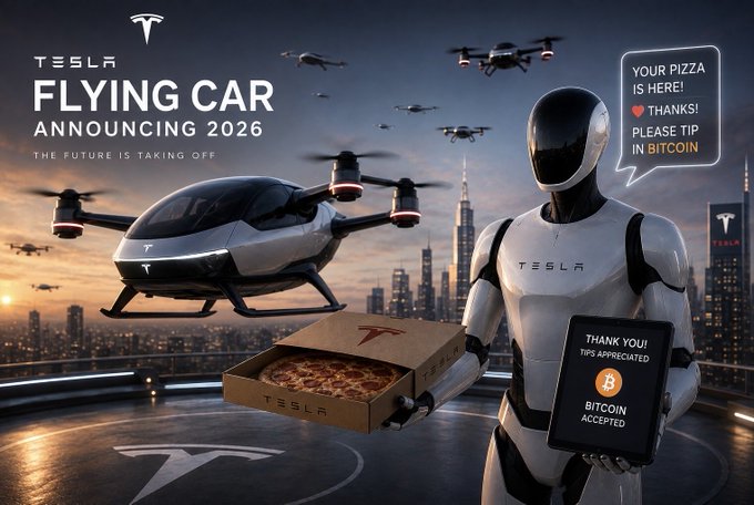 The image is a futuristic promotional graphic for "Tesla FLYING CAR ANNOUNCING 2026" featuring the tagline "THE FUTURE IS TAKING OFF," with multiple aerial vehicles, a Tesla robot delivering a pizza, and messages like "YOUR PIZZA IS HERE! ❤️ THANKS! PLEASE TIP IN BITCOIN" and a card reading "THANK YOU! TIP APPRECIATED BITCOIN ACCEPTED." It visually depicts the post's vision of impending humanoids, flying cars, and crypto-tipped pizza delivery.