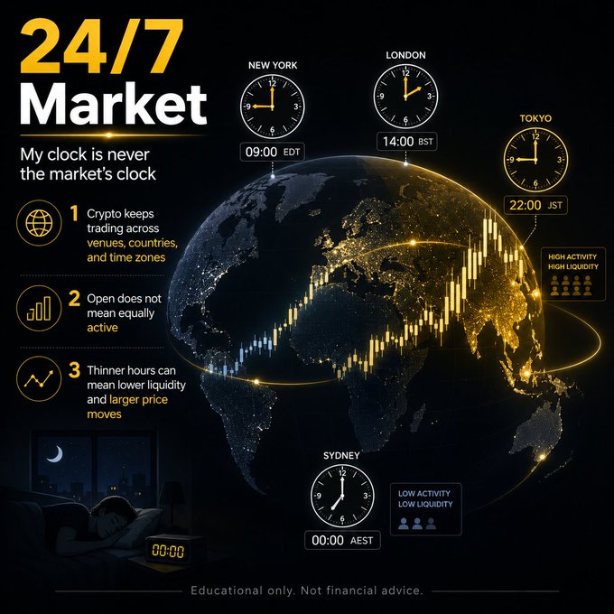 An infographic titled "24/7 Market — My clock is never the market's clock" displays a glowing globe overlaid with a candlestick chart, showing local times across four major trading hubs: New York (09:00 EDT), London (14:00 BST), Tokyo (22:00 JST), and Sydney (00:00 AEST). The graphic emphasizes that crypto trading never stops, with bullet points noting that markets stay open across venues and time zones, open doesn't mean equally active, and thinner hours bring lower liquidity and larger price moves. It visually reinforces the post's message that while you sleep, traders elsewhere keep moving BTC.