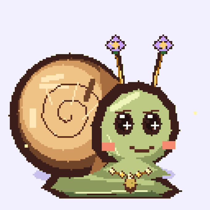 The image features a snail with a necklace around its neck, giving it an artistic appearance. The snail has a face and two antennae, making it look like a cute character from a cartoon or children's book. The background of the image is white, which contrasts nicely with the snail and makes it stand out even more. The post appears to be about mints, as indicated by the title "OnePlant Snails Mint starts: June 20, 13:00 UTC / 9:00 AM ET Mint window: 48 hours. Reveal after mint closes. Eligibility checker: oneplantart.github.io/?tab=snails". The snail is sitting on a table and has a flower in its mouth, adding to the whimsical nature of the image.