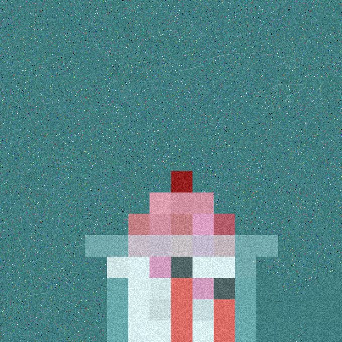 A pixel art depiction of a character's head and shoulders, possibly referencing a Star Wars stormtrooper, against a grainy teal background.