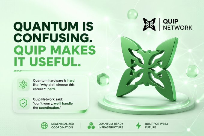 The image features a green butterfly-shaped logo with the text "Quantum Is Confusing. Quip Makes It Useful." The butterfly symbolizes the concept of Quantum Computing, which is often associated with confusion due to its abstract nature. The post seems to be promoting or discussing the idea that Quip Network's platform can help address this confusion by providing a solution for building and managing Quantum Computing projects.