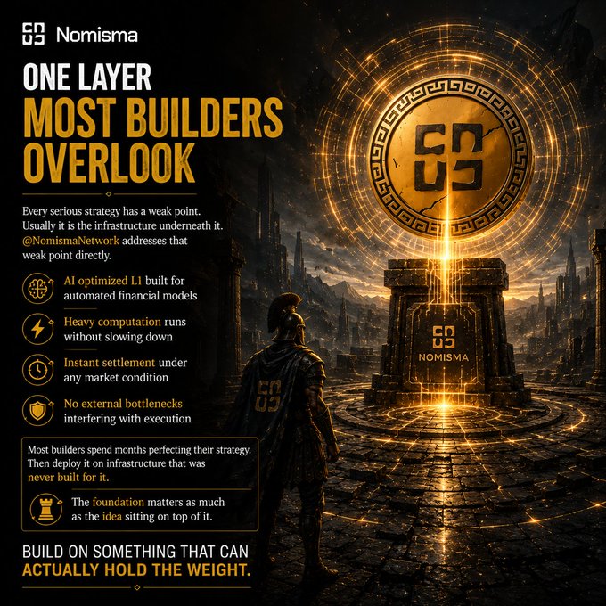 Dark fantasy-style promotional image for 'Nomisma' titled 'ONE LAYER MOST BUILDERS OVERLOOK,' highlighting features like AI-optimized L1, heavy computation, instant settlement, and no external bottlenecks.