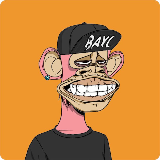 A cartoon illustration of a pink Bored Ape-style monkey character wearing a black cap with 'BAYC' written on it, set against an orange background.
