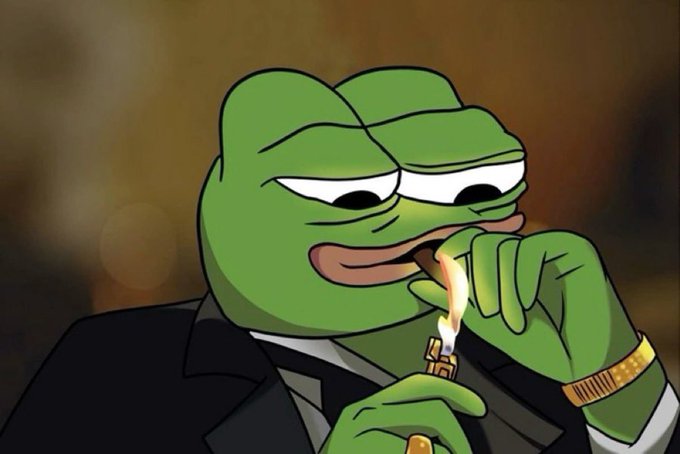 A smug Pepe the Frog in a sharp black suit lights a cigar with a gold lighter, flashing a gold watch as he poses the casual "so who wants an airdrop" question—giving off billionaire energy while dangling crypto freebies.