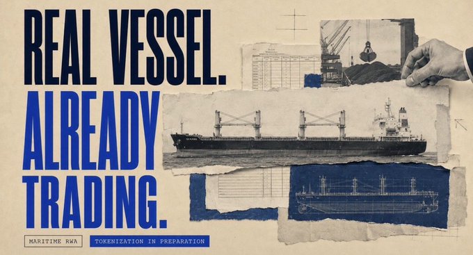 A collage-style promotional image with torn paper textures displays bold text reading "REAL VESSEL. ALREADY TRADING." alongside "MARITIME RWA" and "TOKENIZATION IN PREPARATION," featuring photographs of a working bulk carrier ship and a blueprint sketch. The design reinforces Ethra's message that their first tokenized deal is backed by tangible, operational maritime assets.