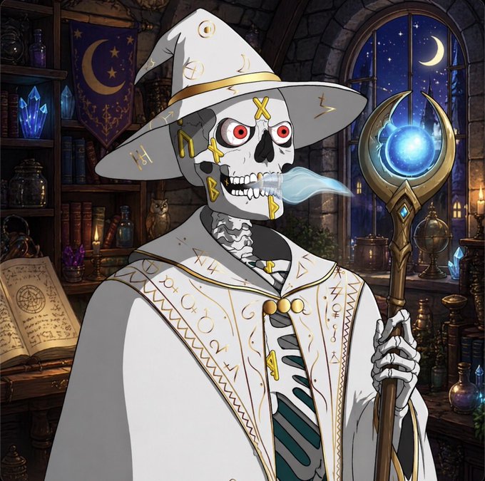 An anime-style skeleton wizard wearing a pointed white hat with gold runes and robes holds a golden staff topped with a glowing blue orb, standing in a candlelit study.