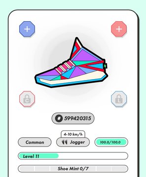 The image features a shoe with a unique design, possibly a sneaker or athletic shoe, placed on top of a white background. The shoe has a colorful pattern that stands out against the plain backdrop. In the bottom right corner of the image, there is text that reads "そういえば今日誕生日みたいですね 三杉くんの #STEPN #フィールドの貴公子". This text seems to be related to the shoe design or possibly a part of an inventory system for shoes.