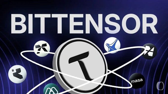 A promotional graphic for 'BITTENSOR' featuring a large central token with a stylized 'D' or 'T' logo, surrounded by orbital rings connecting to various smaller cryptocurrency tokens.