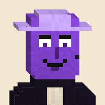 A 3D pixel art render of a character with a purple block-shaped head, a smiling face, and a matching purple hat, wearing a black suit and white shirt.