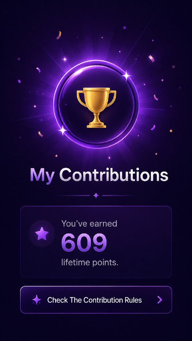 A glowing golden trophy within a purple ring sits above a "My Contributions" screen showing **609 lifetime points earned**, accompanied by a "Check The Contribution Rules" button and floating confetti—visually celebrating the user's milestone contribution to the Arc ecosystem ahead of its mainnet launch.