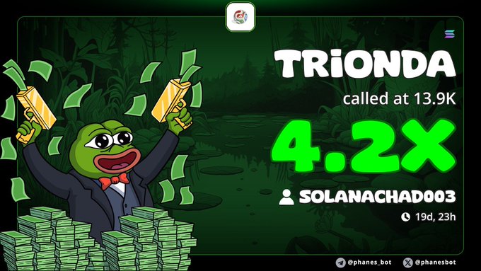 The image features a cartoon character, likely a frog or a bird, wearing a suit and holding a gun. The character appears to be celebrating with a big smile as they throw money into the air. In the background of the image, there are stacks of money, indicating that this is a post about profits made on an investment in #solana.