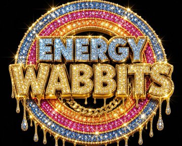 A glittering, gem-encrusted logo with dripping gold effects reads 'ENERGY WABBIT$' surrounded by concentric circles of pink, blue, and orange jewels.